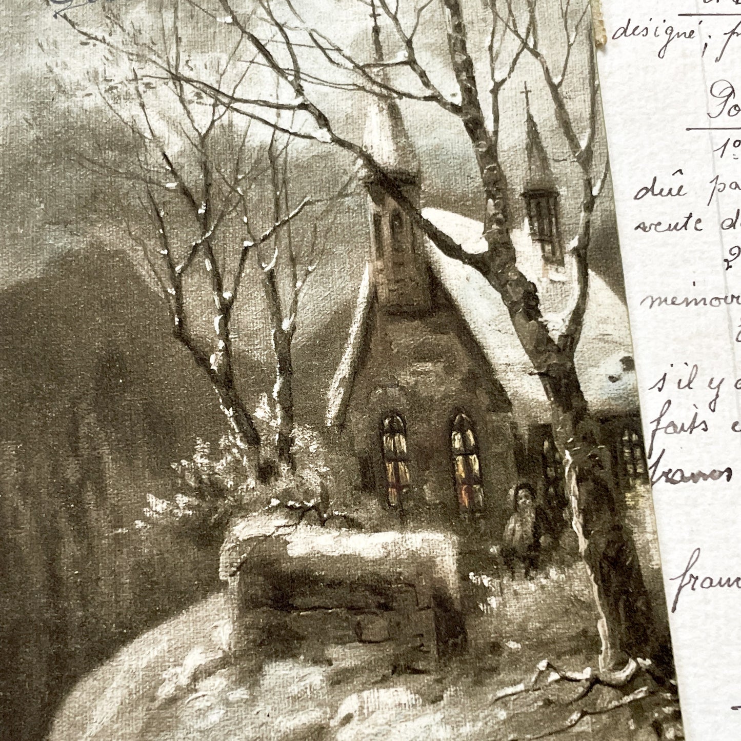 1910s - Antique French Postcard - Winter Village Scene - Christmas Greetings - Sepia Tone Art - Vintage Ephemera Collectible