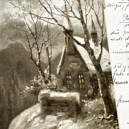 1910s - Antique French Postcard - Winter Village Scene - Christmas Greetings - Sepia Tone Art - Vintage Ephemera Collectible