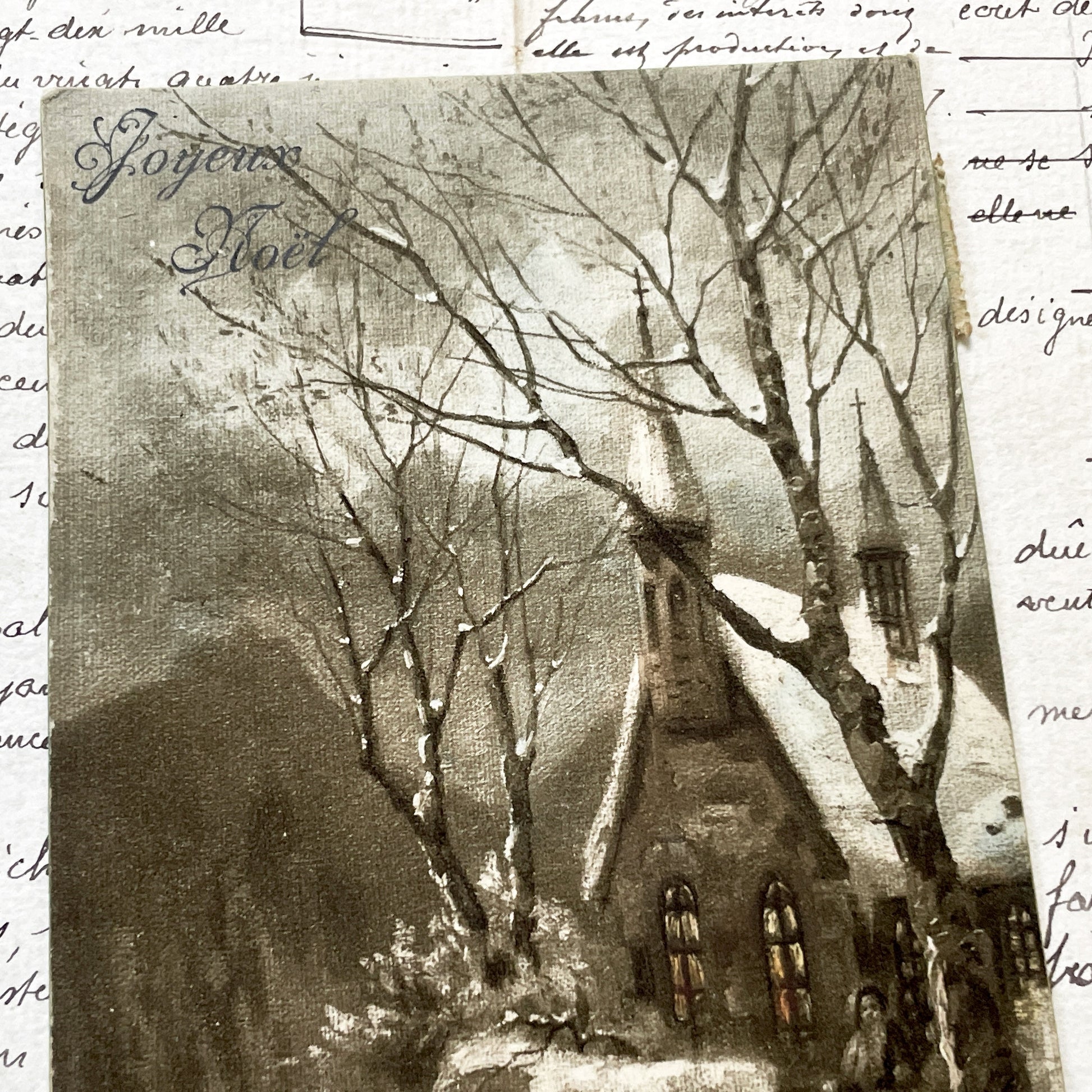 1910s - Antique French Postcard - Winter Village Scene - Christmas Greetings - Sepia Tone Art - Vintage Ephemera Collectible