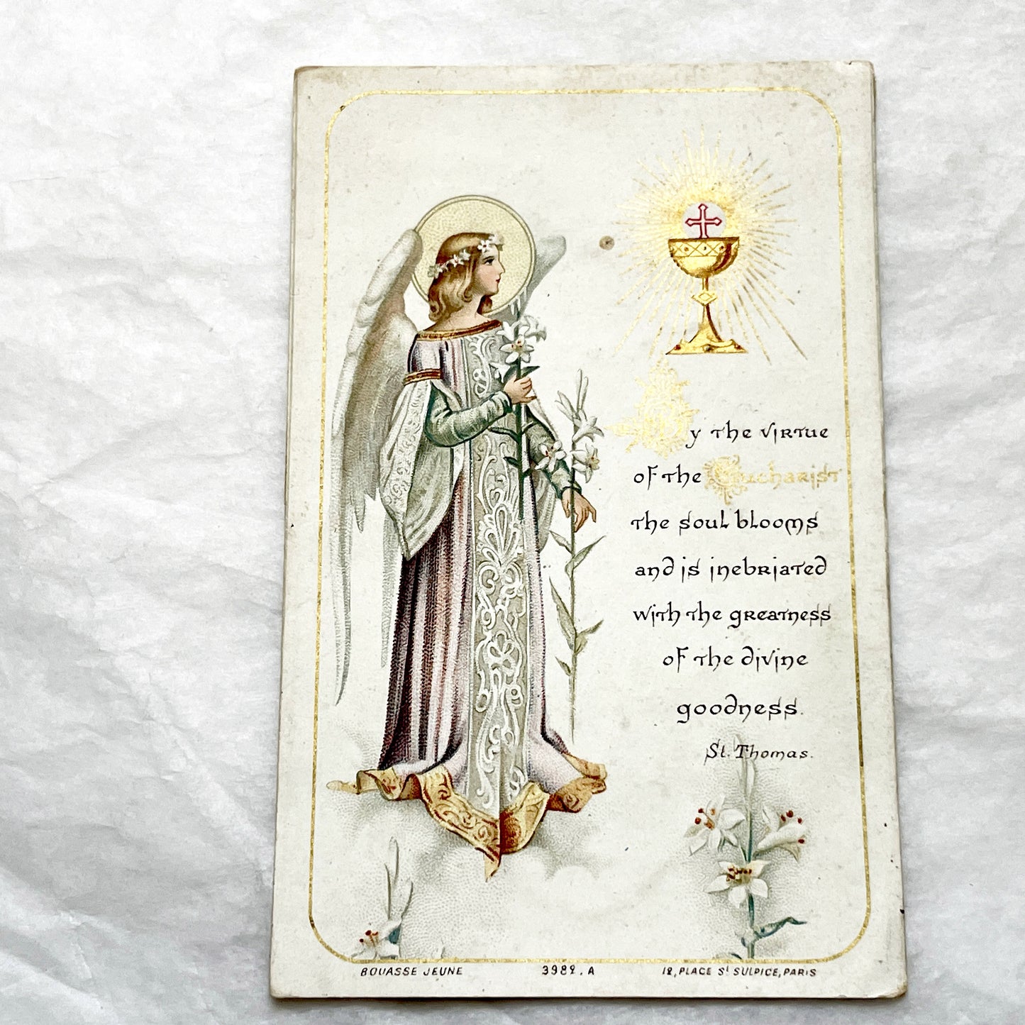 1900s - Antique Religious Card - Angel with Lilies and Eucharist - Bouasse Jeune Publisher - Devotional Artwork - Vintage Holy Card