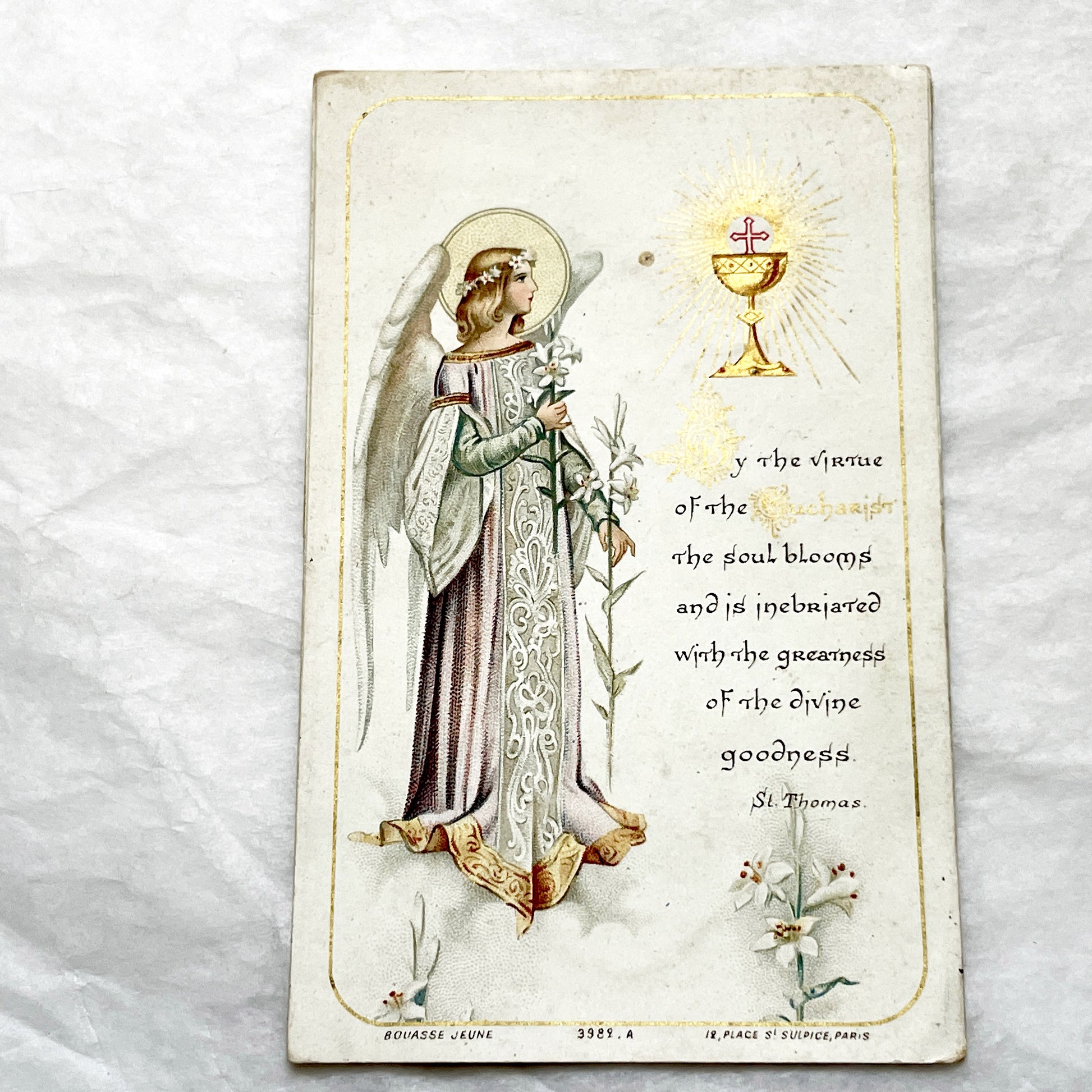 1900s - Antique Religious Card - Angel with Lilies and Eucharist - Bouasse Jeune Publisher - Devotional Artwork - Vintage Holy Card
