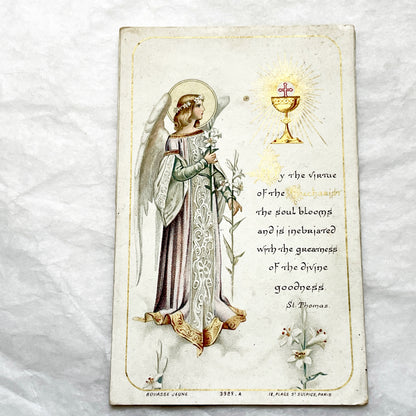 1900s - Antique Religious Card - Angel with Lilies and Eucharist - Bouasse Jeune Publisher - Devotional Artwork - Vintage Holy Card