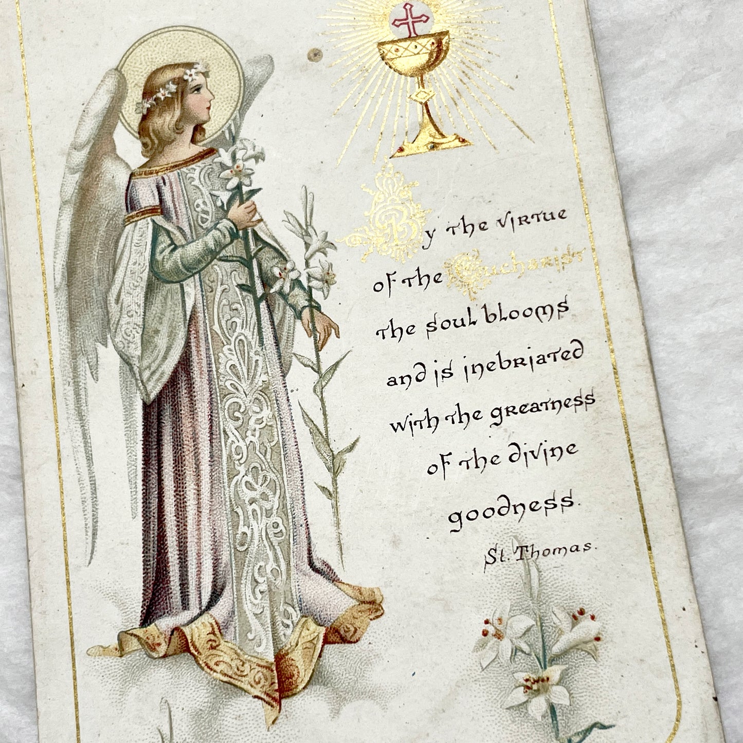1900s - Antique Religious Card - Angel with Lilies and Eucharist - Bouasse Jeune Publisher - Devotional Artwork - Vintage Holy Card