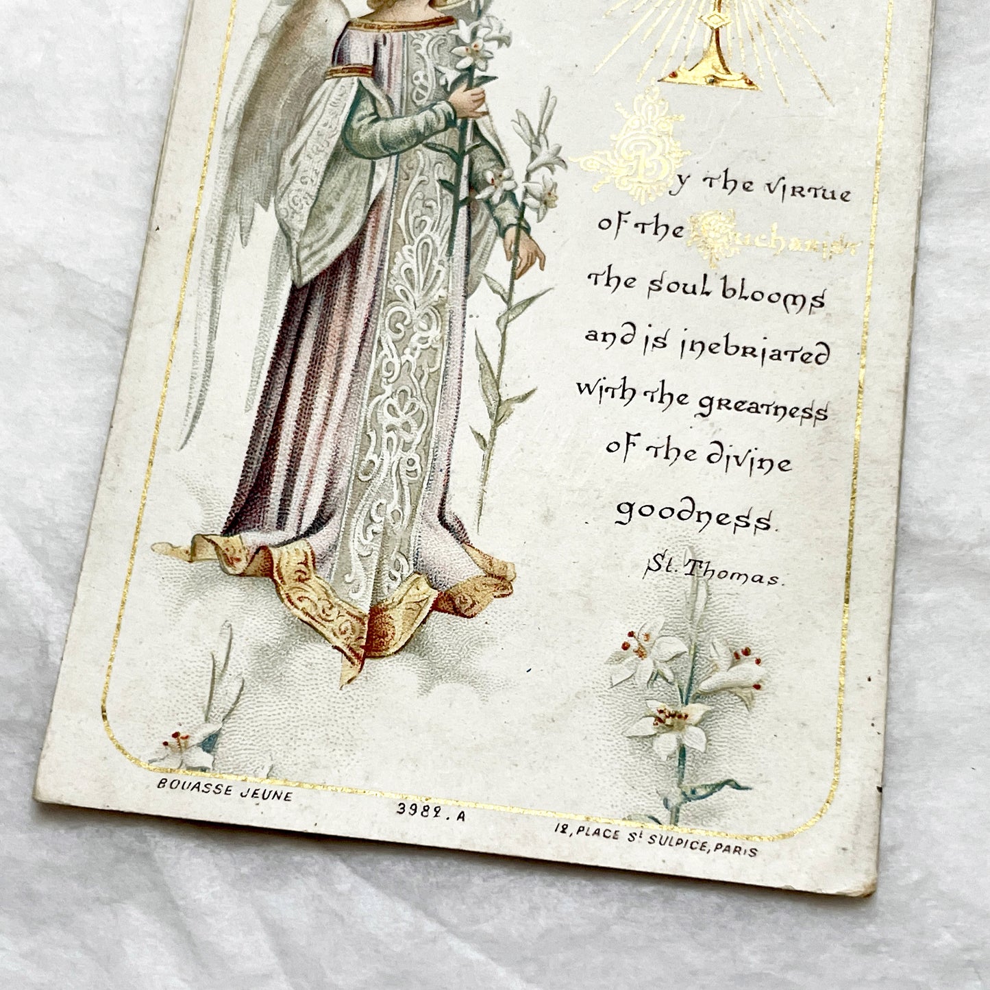1900s - Antique Religious Card - Angel with Lilies and Eucharist - Bouasse Jeune Publisher - Devotional Artwork - Vintage Holy Card