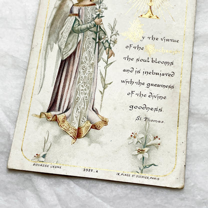 1900s - Antique Religious Card - Angel with Lilies and Eucharist - Bouasse Jeune Publisher - Devotional Artwork - Vintage Holy Card