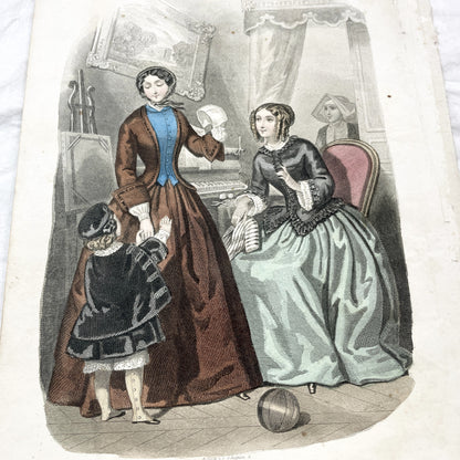 1850s - Exquisite French Fashion Plate - Journal des Demoiselles - Authentic 1853 Victorian Era Hand-Colored Print - Antique Lifestyle Art