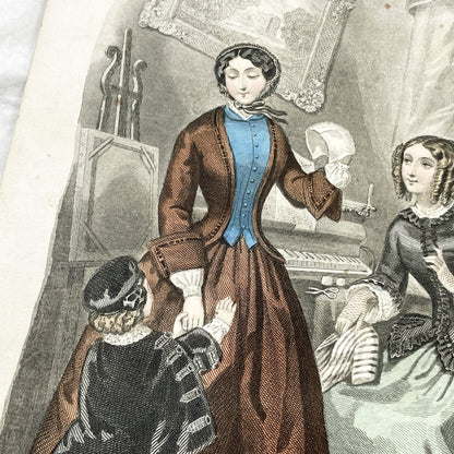 1850s - Exquisite French Fashion Plate - Journal des Demoiselles - Authentic 1853 Victorian Era Hand-Colored Print - Antique Lifestyle Art