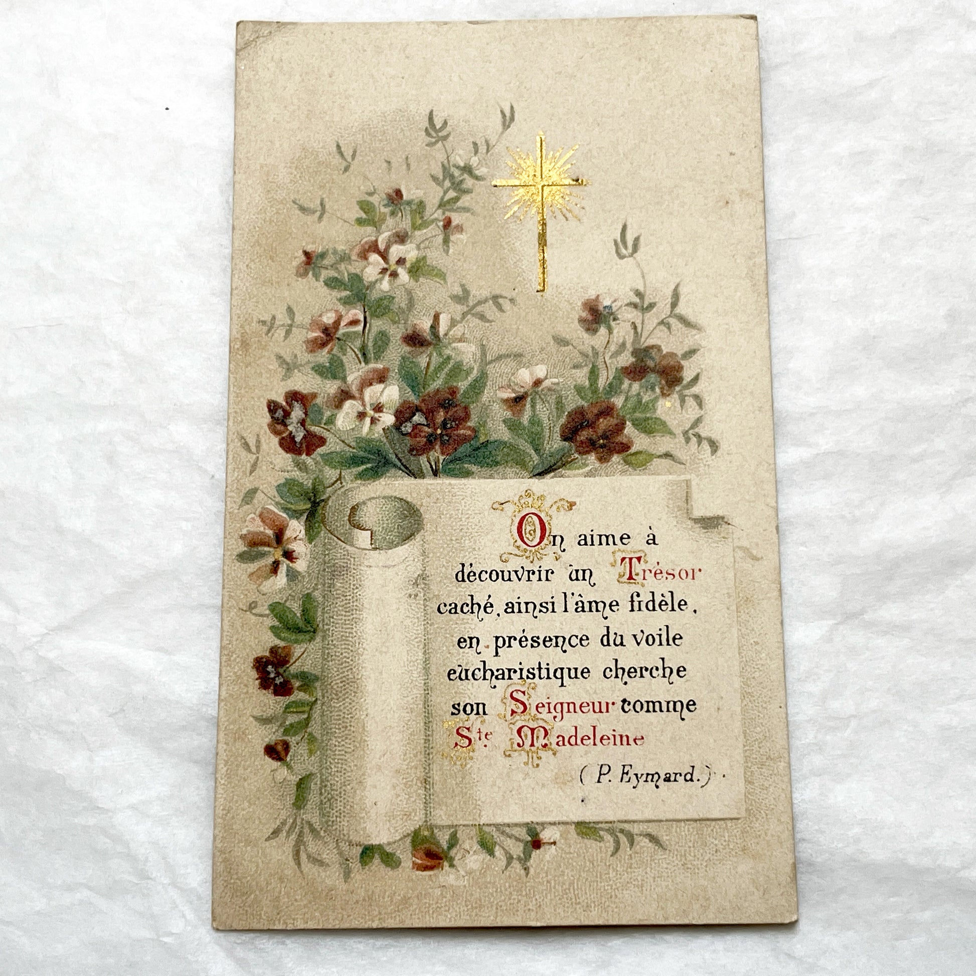 Late 19th - Antique French Religious Card - Gilded Cross - Vintage Prayer Holy Card - Devotional Art Collectible - Floral Design