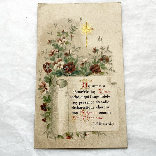 Late 19th - Antique French Religious Card - Gilded Cross - Vintage Prayer Holy Card - Devotional Art Collectible - Floral Design