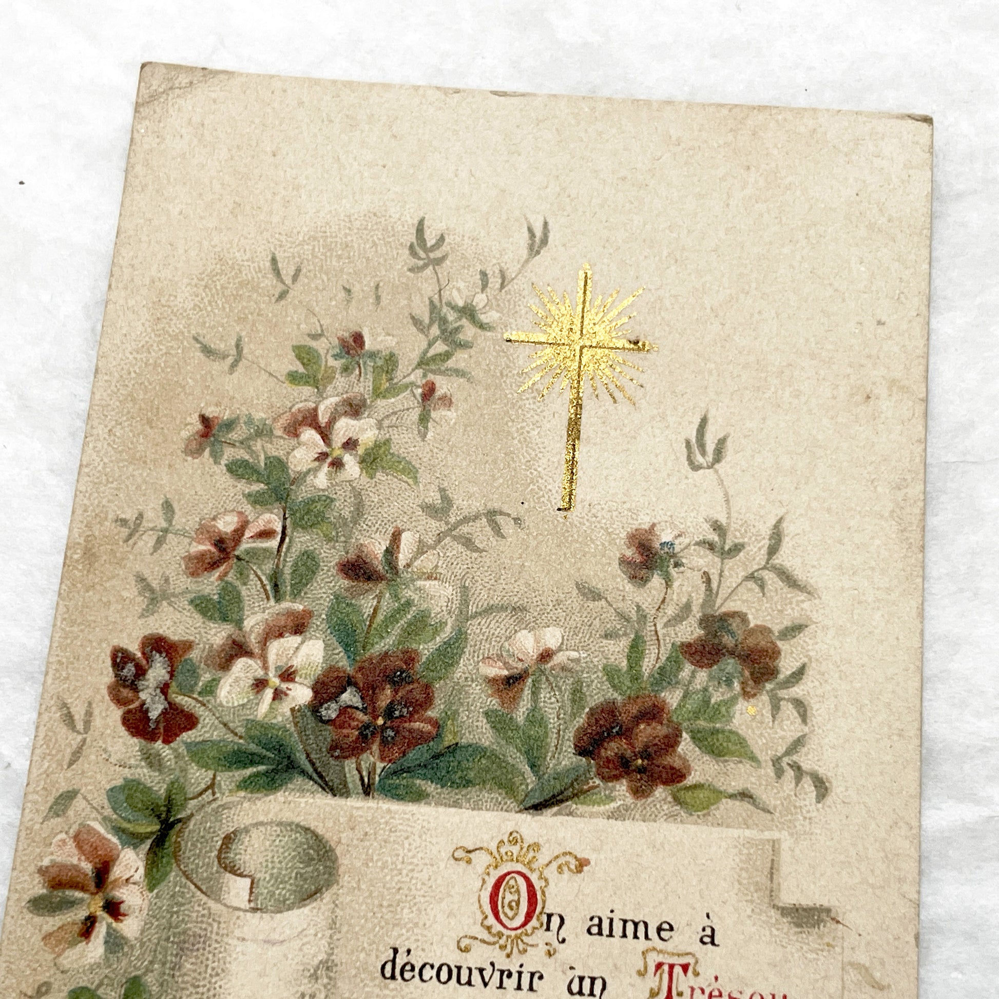 Late 19th - Antique French Religious Card - Gilded Cross - Vintage Prayer Holy Card - Devotional Art Collectible - Floral Design