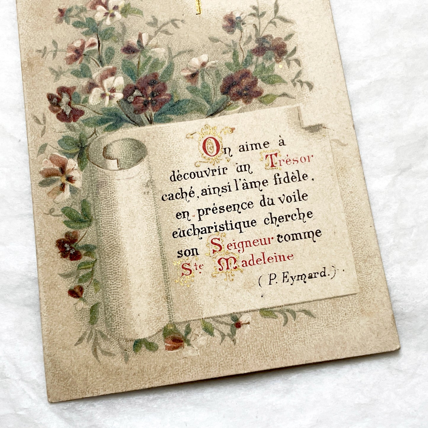 Late 19th - Antique French Religious Card - Gilded Cross - Vintage Prayer Holy Card - Devotional Art Collectible - Floral Design