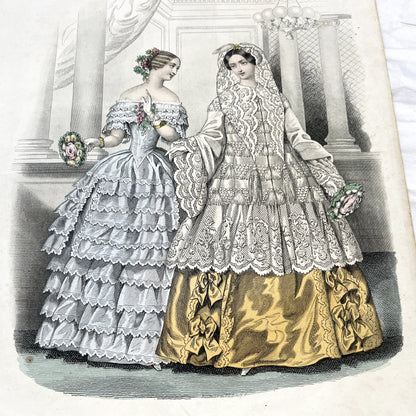 1850s - Exquisite French Fashion Print - Original Hand-Colored Engraving - 1852 Journal des Demoiselles Paris Couture Illustration