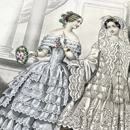 1850s - Exquisite French Fashion Print - Original Hand-Colored Engraving - 1852 Journal des Demoiselles Paris Couture Illustration