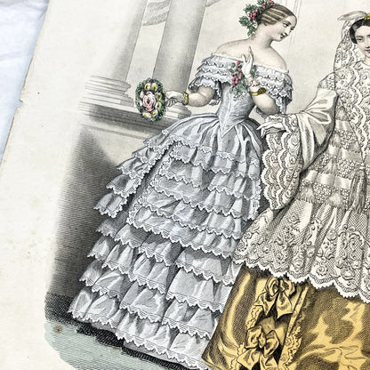 1850s - Exquisite French Fashion Print - Original Hand-Colored Engraving - 1852 Journal des Demoiselles Paris Couture Illustration