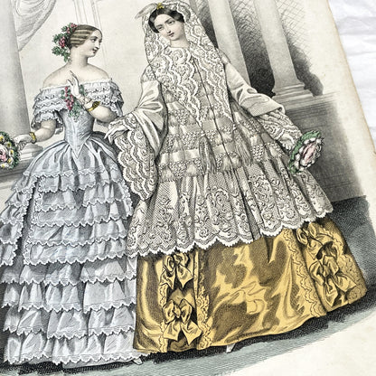1850s - Exquisite French Fashion Print - Original Hand-Colored Engraving - 1852 Journal des Demoiselles Paris Couture Illustration