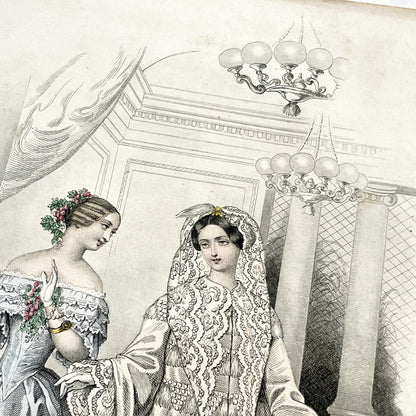 1850s - Exquisite French Fashion Print - Original Hand-Colored Engraving - 1852 Journal des Demoiselles Paris Couture Illustration