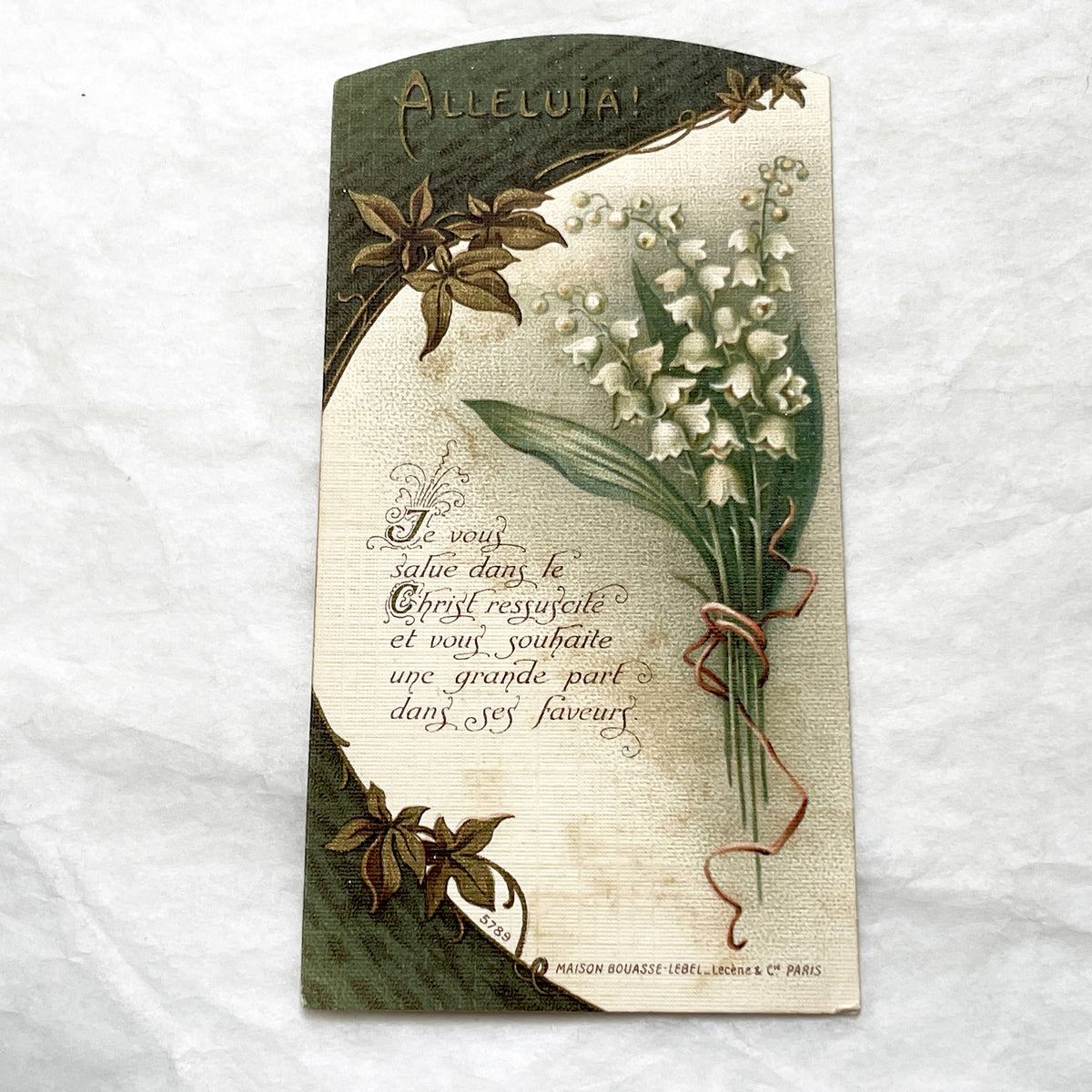 1900s - Vintage French Religious Card - Lily of the Valley Design - Alleluia Easter Prayer - Bouasse-Lebel - Devotional Art Collectible