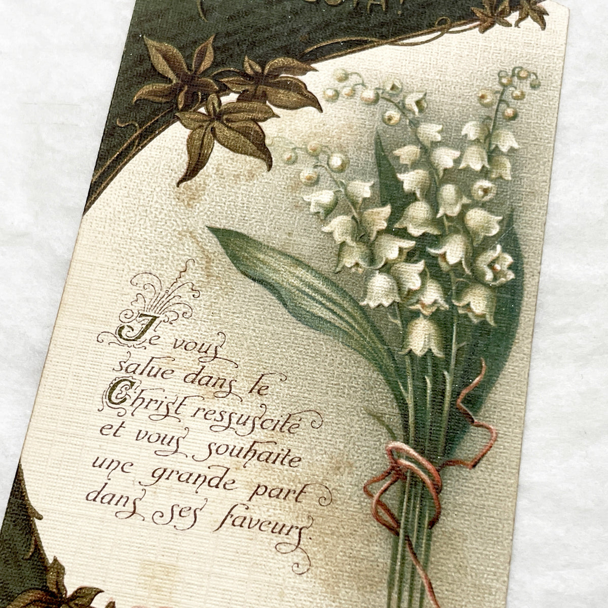 1900s - Vintage French Religious Card - Lily of the Valley Design - Alleluia Easter Prayer - Bouasse-Lebel - Devotional Art Collectible