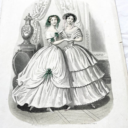 1850s - Journal des Demoiselles Fashion Plate - French Victorian Gown Engraving - Elegant Ladies - Parisian Boudoir Chic
