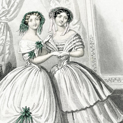 1850s - Journal des Demoiselles Fashion Plate - French Victorian Gown Engraving - Elegant Ladies - Parisian Boudoir Chic