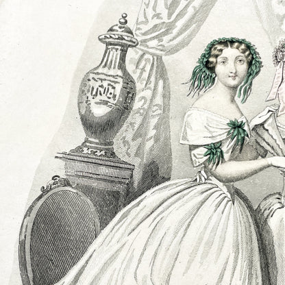 1850s - Journal des Demoiselles Fashion Plate - French Victorian Gown Engraving - Elegant Ladies - Parisian Boudoir Chic