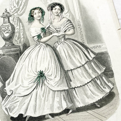 1850s - Journal des Demoiselles Fashion Plate - French Victorian Gown Engraving - Elegant Ladies - Parisian Boudoir Chic