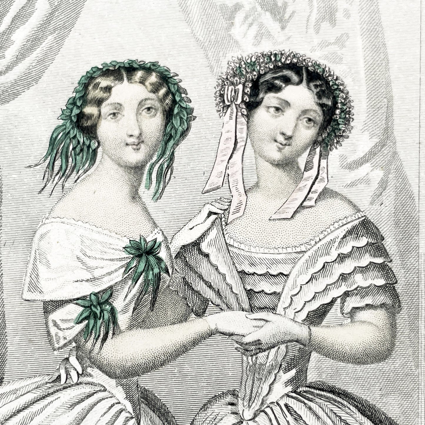1850s - Journal des Demoiselles Fashion Plate - French Victorian Gown Engraving - Elegant Ladies - Parisian Boudoir Chic