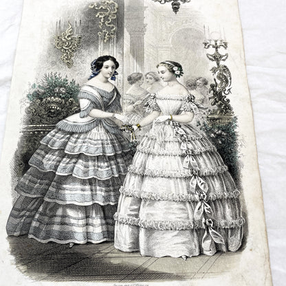 1850s - Exquisite Antique French Fashion Plate - Hand-Colored Engraving - Elegant Parisian Ball Gowns from 19th Century