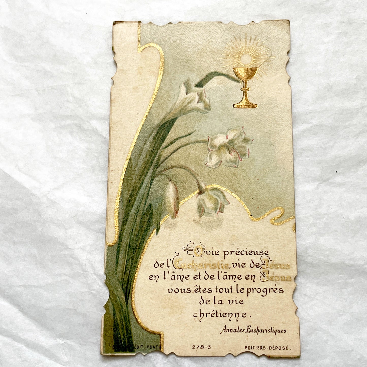 1900s - Antique French First Communion Card - Religious Ephemera - Vintage Catholic Art - Lily - Chalice - Eucharist - Poitiers