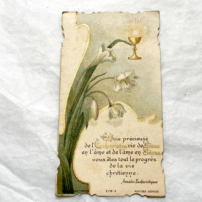 1900s - Antique French First Communion Card - Religious Ephemera - Vintage Catholic Art - Lily - Chalice - Eucharist - Poitiers