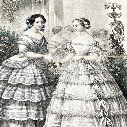 1850s - Exquisite Antique French Fashion Plate - Hand-Colored Engraving - Elegant Parisian Ball Gowns from 19th Century