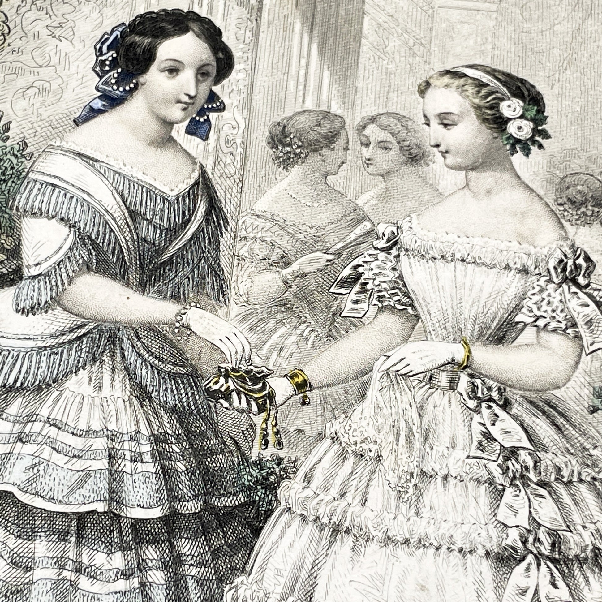 1850s - Exquisite Antique French Fashion Plate - Hand-Colored Engraving - Elegant Parisian Ball Gowns from 19th Century