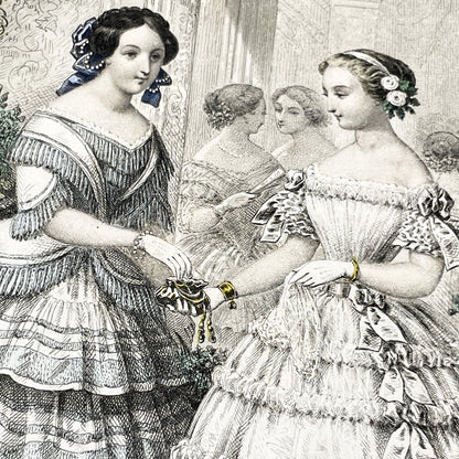 1850s - Exquisite Antique French Fashion Plate - Hand-Colored Engraving - Elegant Parisian Ball Gowns from 19th Century