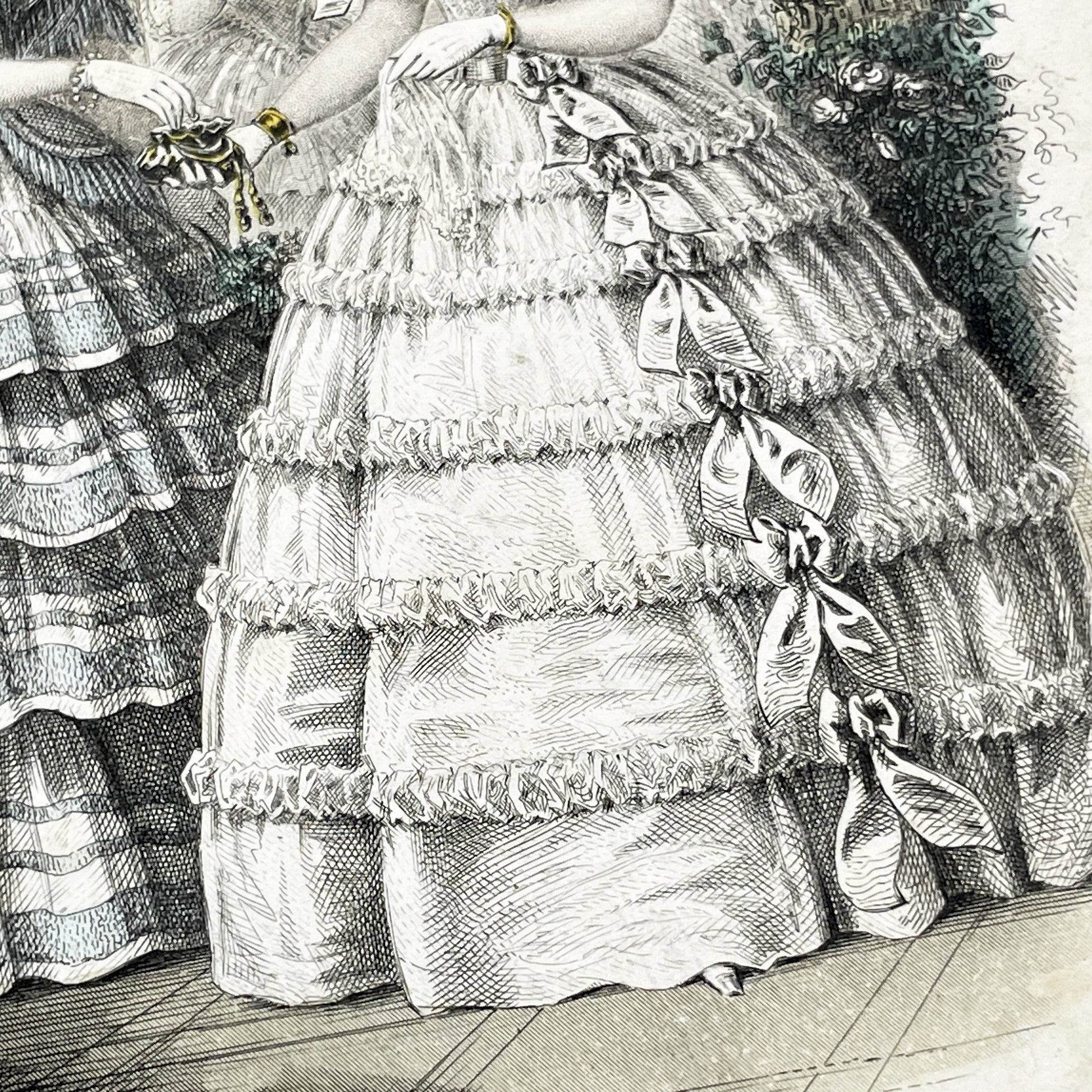 1850s - Exquisite Antique French Fashion Plate - Hand-Colored Engraving - Elegant Parisian Ball Gowns from 19th Century