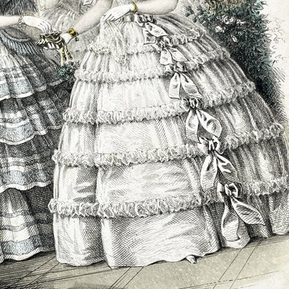 1850s - Exquisite Antique French Fashion Plate - Hand-Colored Engraving - Elegant Parisian Ball Gowns from 19th Century