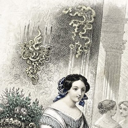 1850s - Exquisite Antique French Fashion Plate - Hand-Colored Engraving - Elegant Parisian Ball Gowns from 19th Century