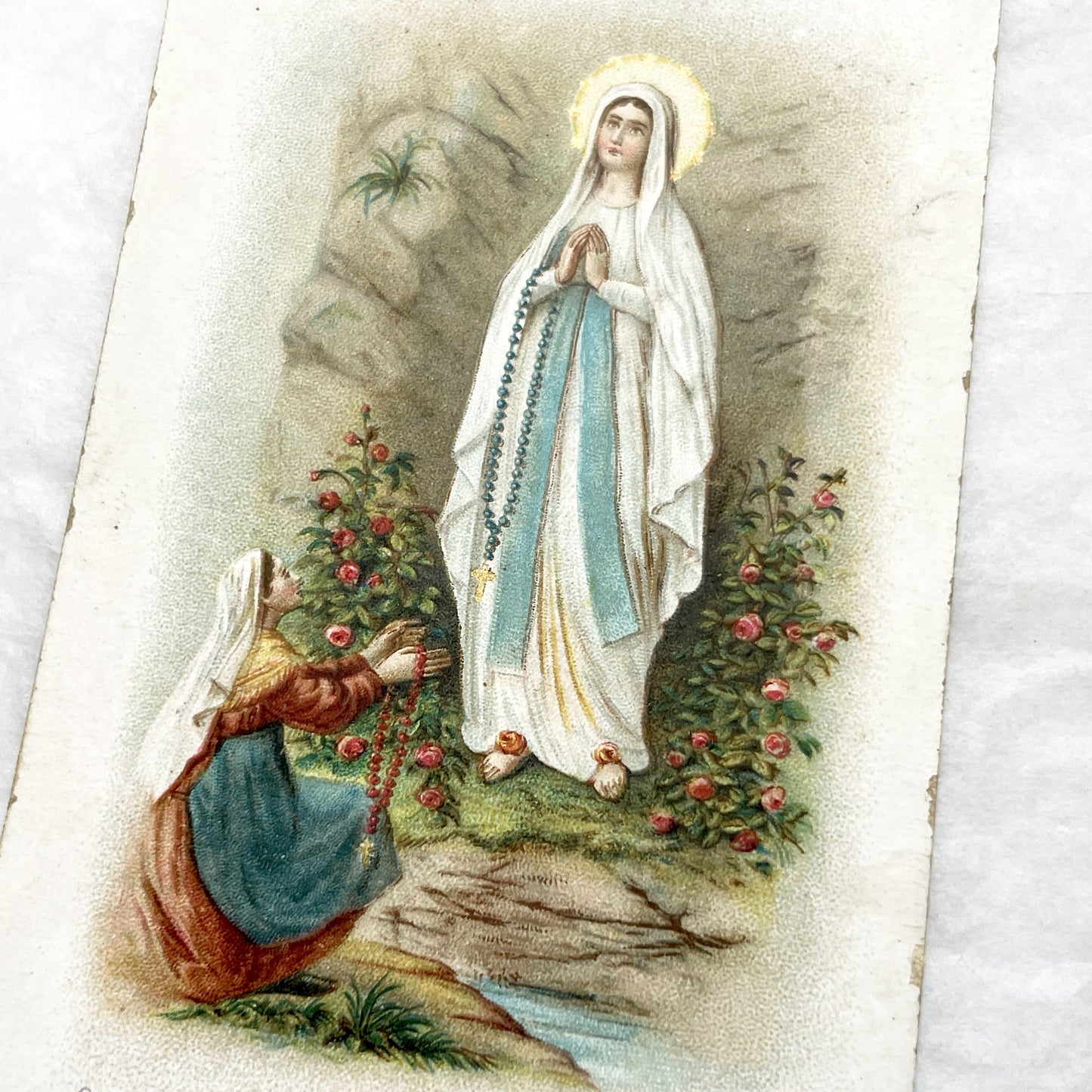1900s - 2 Antique French Religious Cards - Jesus Eucharist and Our Lady of Lourdes - Vintage Holy Prayer Cards - Collectible Ephemera