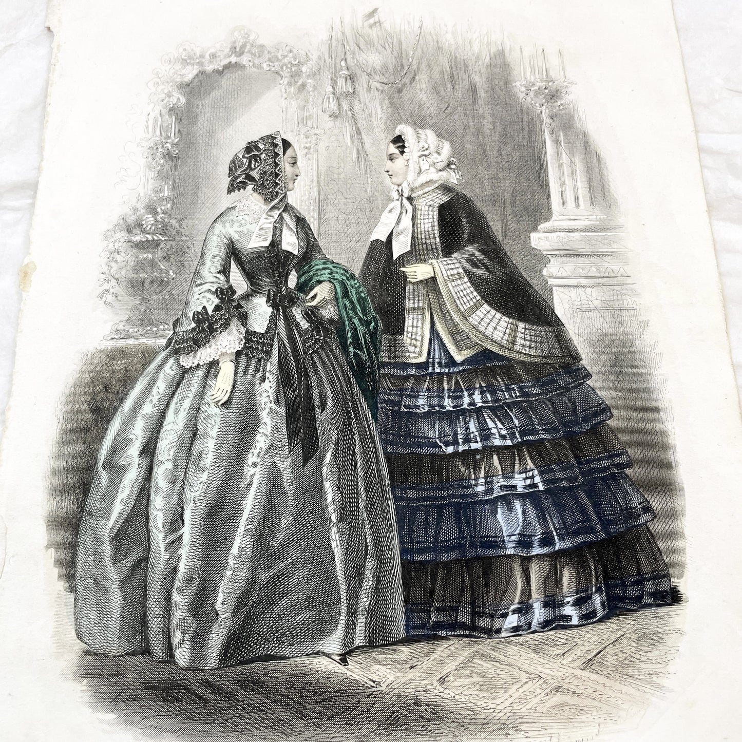 1850s - Exquisite French Fashion Plate from Journal des Demoiselles - Original Victorian Era Engraving - Elegant Ladies - Parisian Style