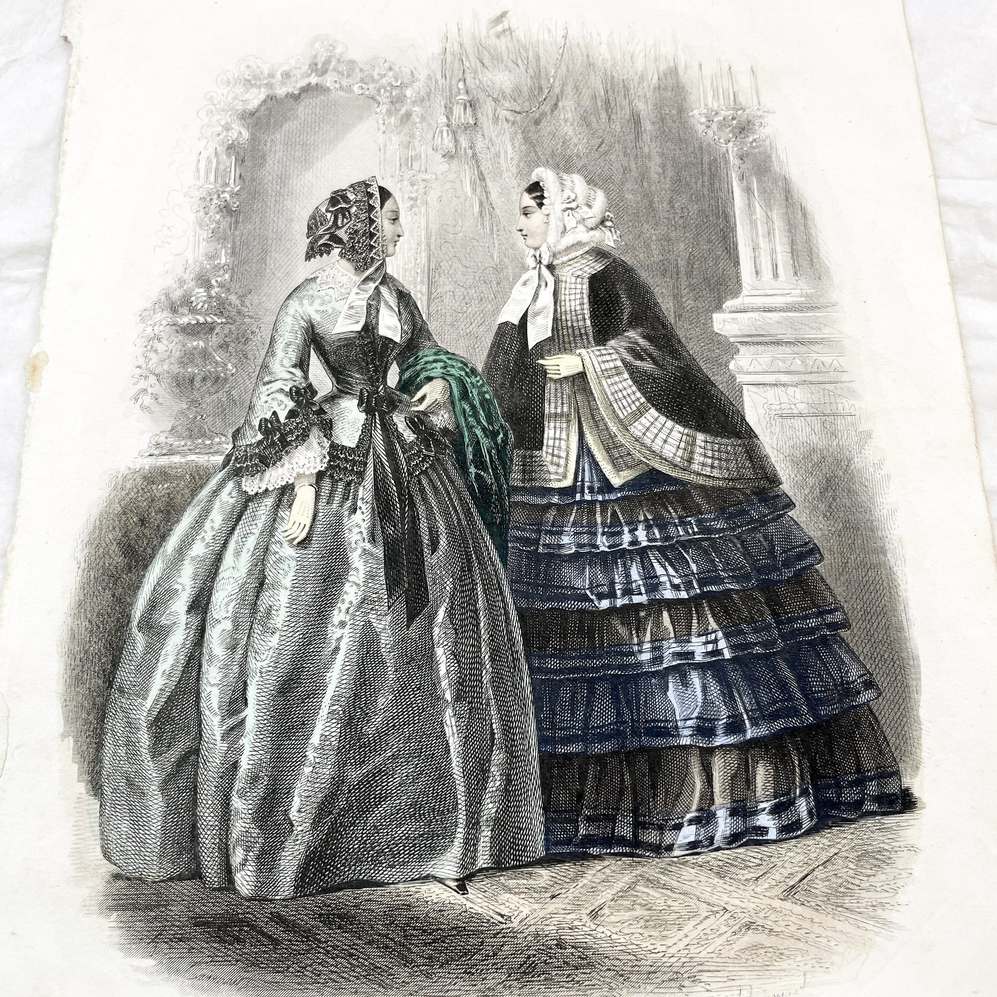 1850s - Exquisite French Fashion Plate from Journal des Demoiselles - Original Victorian Era Engraving - Elegant Ladies - Parisian Style
