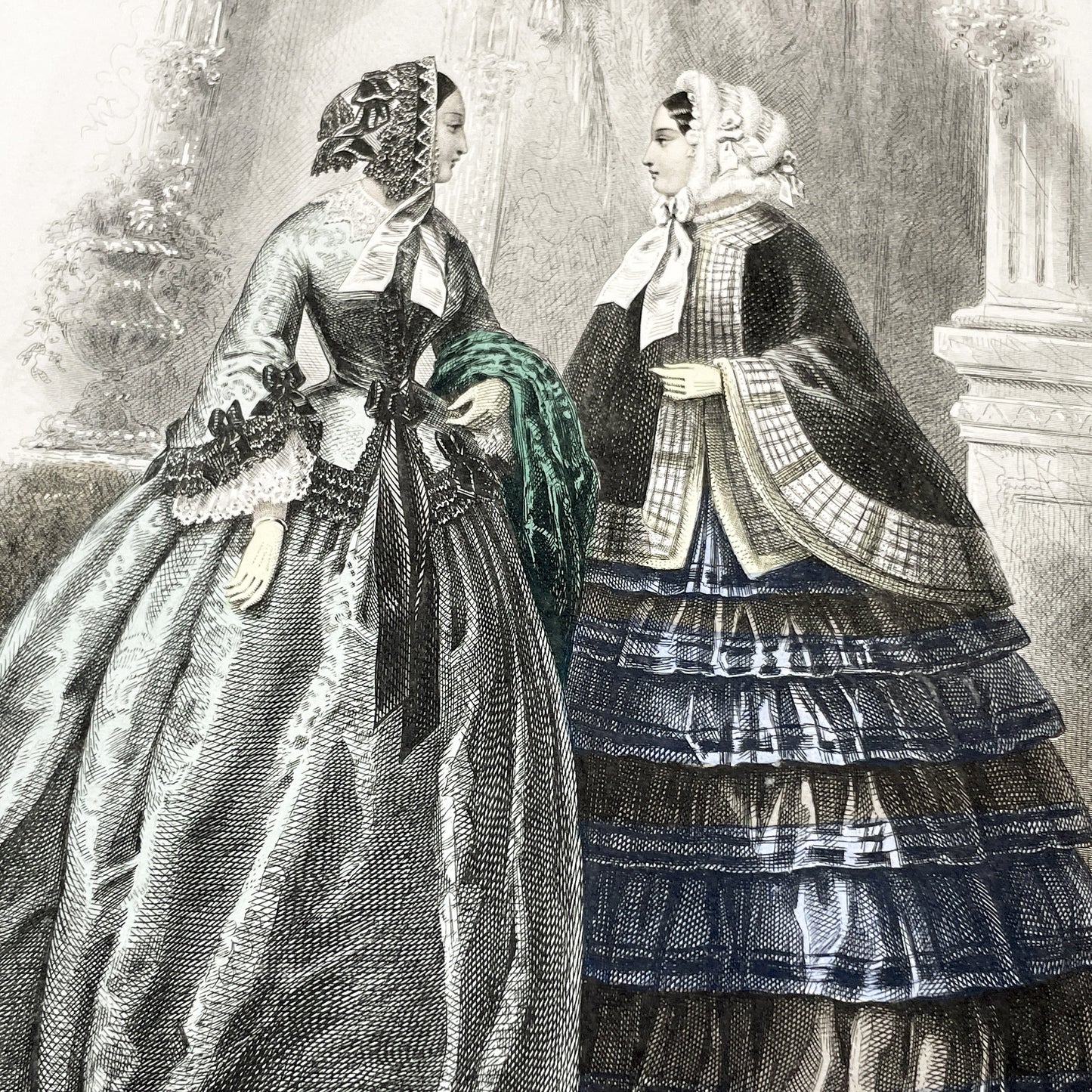 1850s - Exquisite French Fashion Plate from Journal des Demoiselles - Original Victorian Era Engraving - Elegant Ladies - Parisian Style