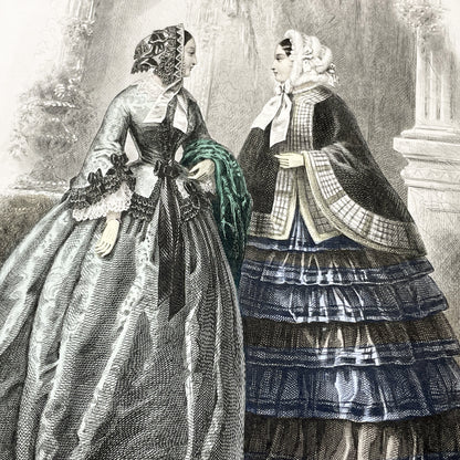 1850s - Exquisite French Fashion Plate from Journal des Demoiselles - Original Victorian Era Engraving - Elegant Ladies - Parisian Style