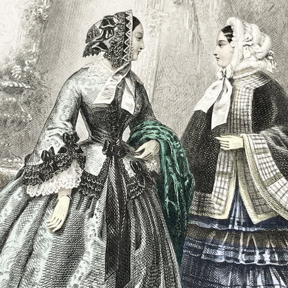 1850s - Exquisite French Fashion Plate from Journal des Demoiselles - Original Victorian Era Engraving - Elegant Ladies - Parisian Style