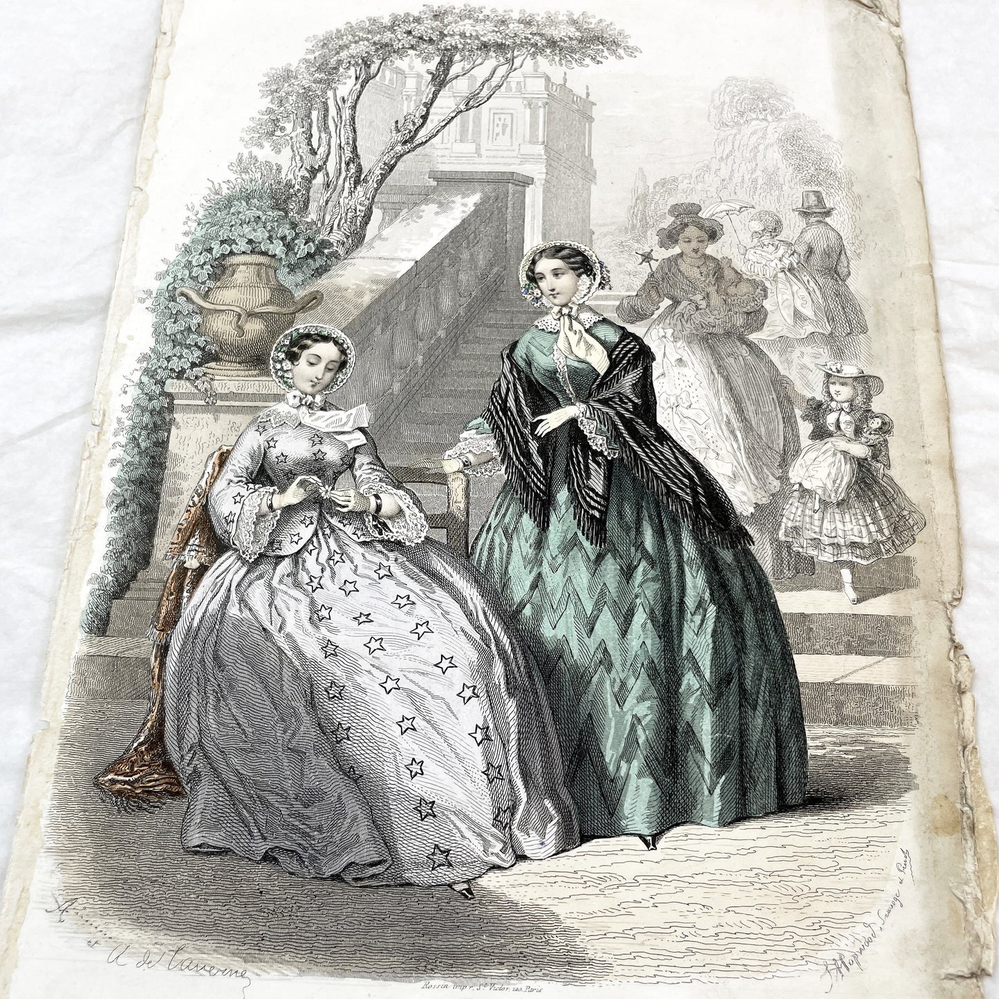 1850s - Exquisite Original French Fashion Plate - Journal des Demoiselles - Hand-Colored Lithograph Print - Parisian High Society Style