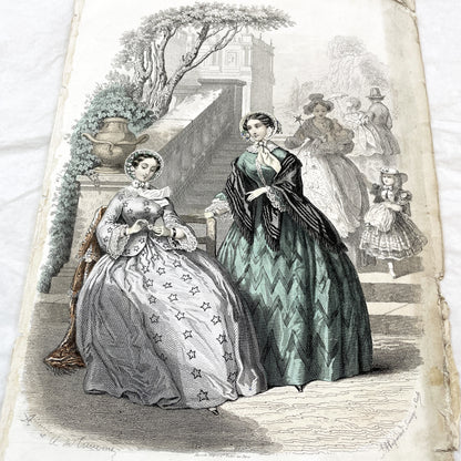 1850s - Exquisite Original French Fashion Plate - Journal des Demoiselles - Hand-Colored Lithograph Print - Parisian High Society Style
