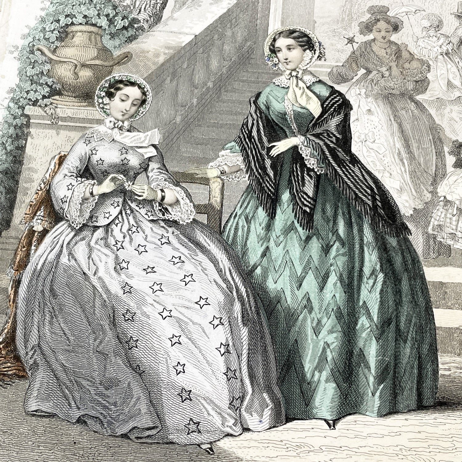 1850s - Exquisite Original French Fashion Plate - Journal des Demoiselles - Hand-Colored Lithograph Print - Parisian High Society Style