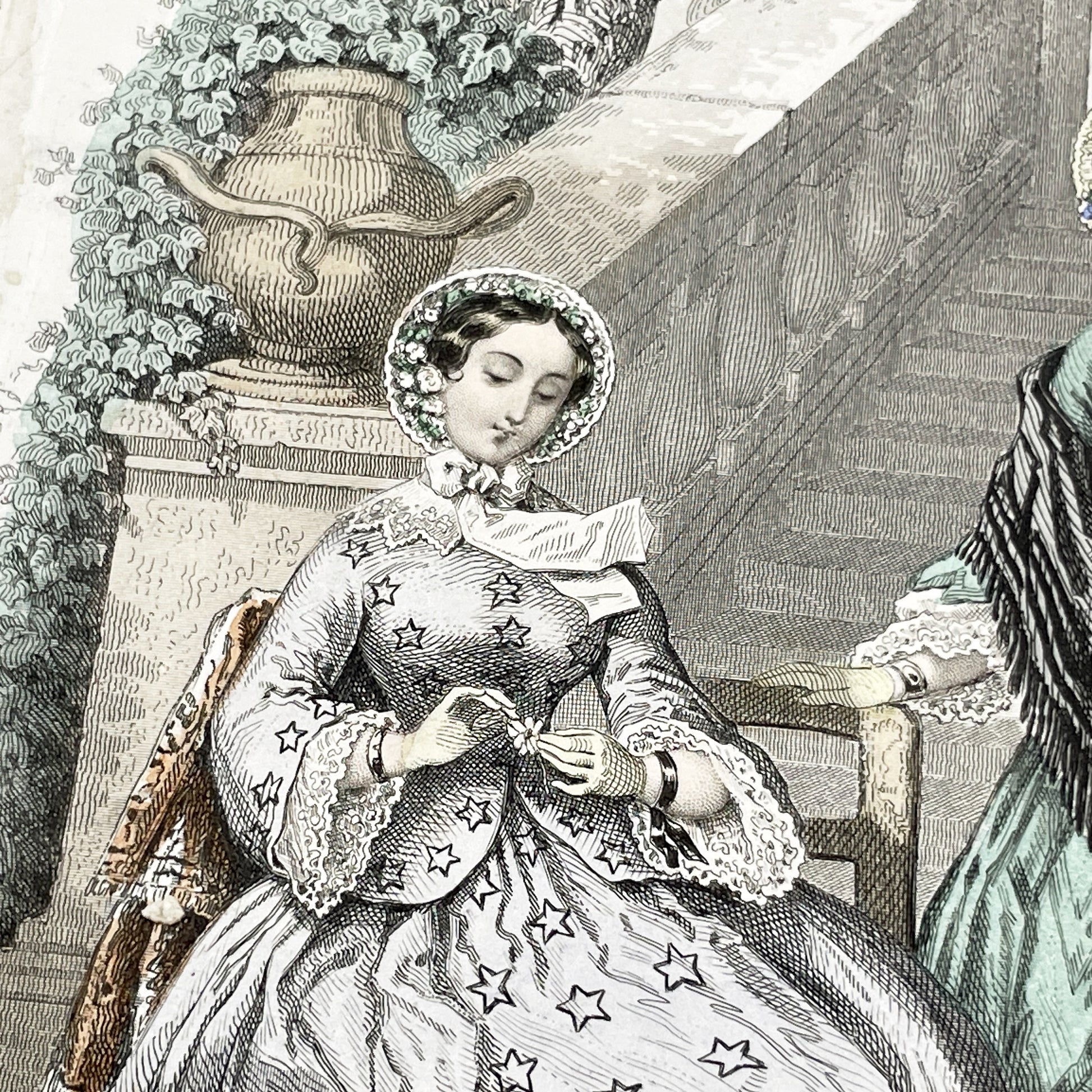 1850s - Exquisite Original French Fashion Plate - Journal des Demoiselles - Hand-Colored Lithograph Print - Parisian High Society Style