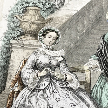 1850s - Exquisite Original French Fashion Plate - Journal des Demoiselles - Hand-Colored Lithograph Print - Parisian High Society Style