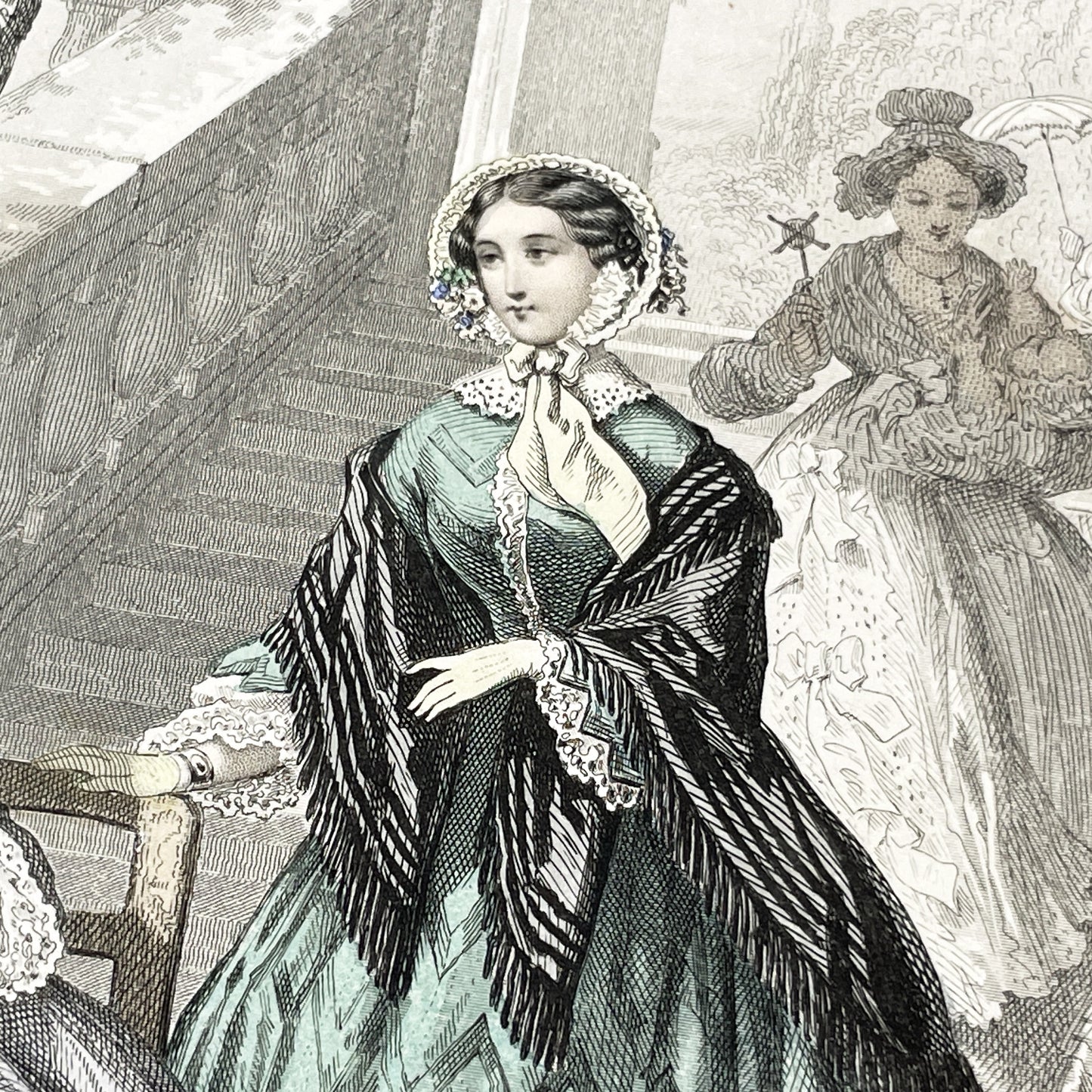 1850s - Exquisite Original French Fashion Plate - Journal des Demoiselles - Hand-Colored Lithograph Print - Parisian High Society Style