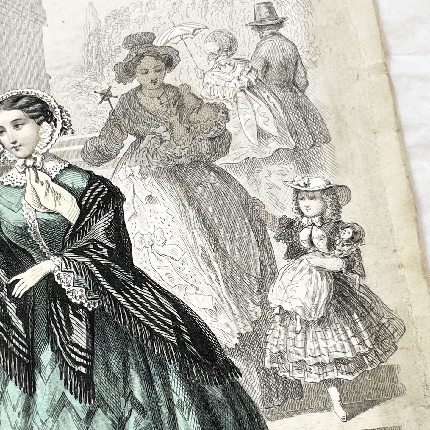 1850s - Exquisite Original French Fashion Plate - Journal des Demoiselles - Hand-Colored Lithograph Print - Parisian High Society Style