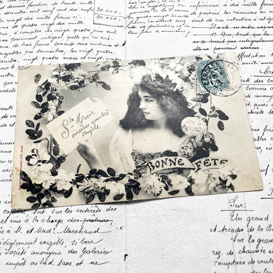 1900s - Belle Époque French Postcard - Young Woman Portrait - Art Nouveau Floral Frame - Bonne Fête Greeting - Phototypie Nancy Print